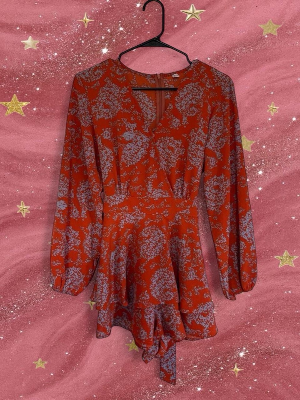 Classic Burnt Orange Floral Long-Sleeve Mini Dress